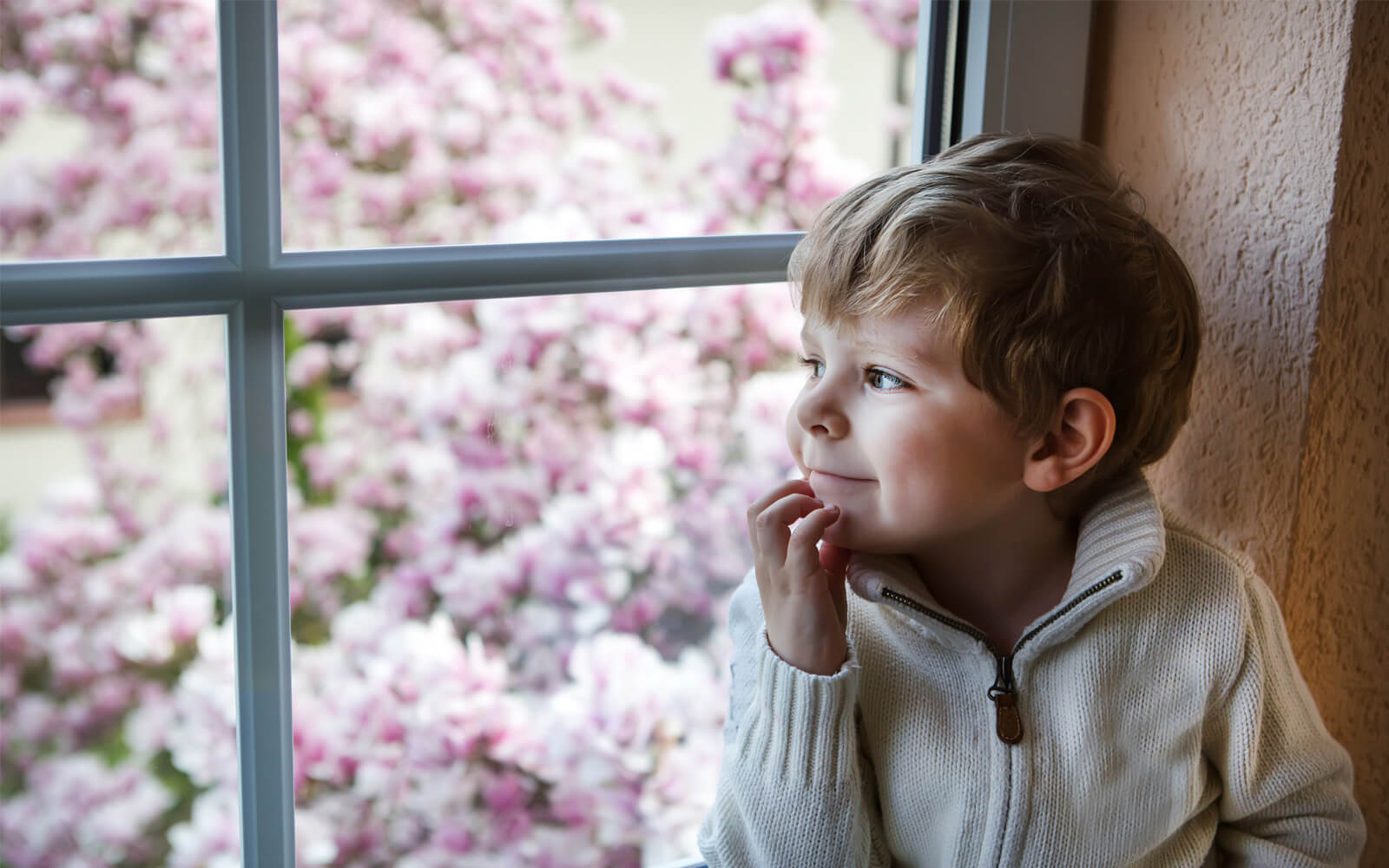 Ein Junge schaut aus dem Fenster 